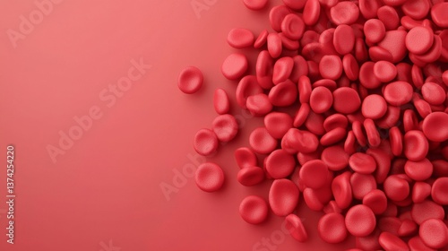 cell, vessel and medical concept. Red blood cells on a textured surface with a soft gradient background.