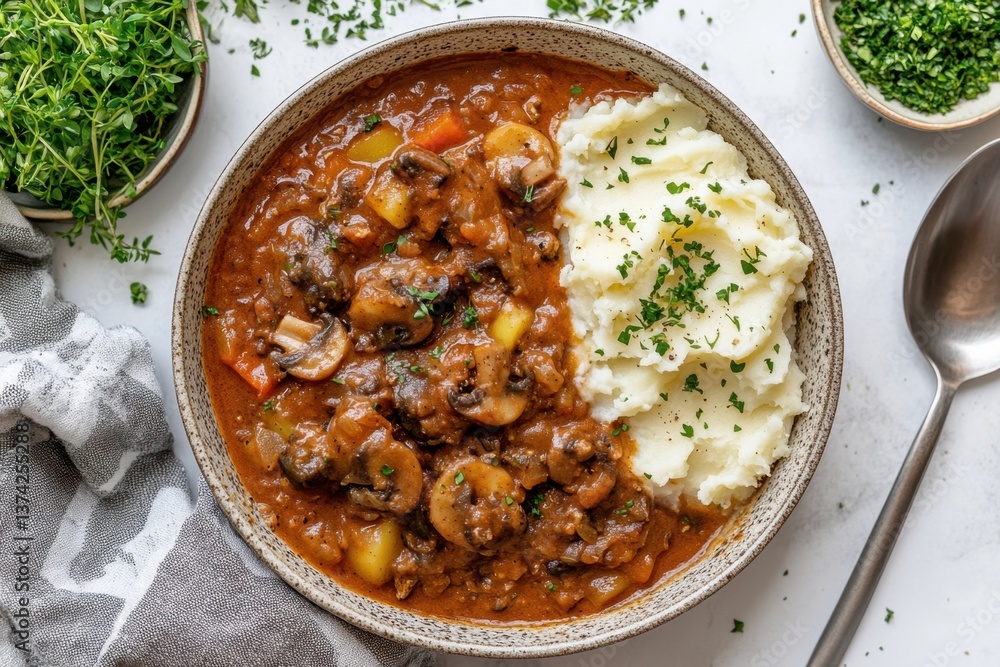 Hearty mushroom stew served with creamy mashed potatoes and fresh herbs in a rustic bowl overhead shot for food blog Hearty mushroom stew served with creamy mashed potatoes and fresh herbs in a rustic bowl overhead shot for food blog