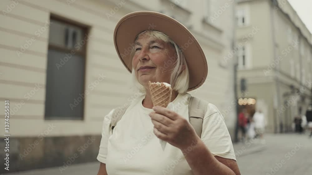 Elderly woman eating an ice cream cone while strolling through the city. She is enjoying a sweet treat on a sunny day in the city, wearing a hat and comfortable clothing. Elderly woman eating an ice cream cone while strolling through the city. She is enjoying a sweet treat on a sunny day in the city, wearing a hat and comfortable clothing.