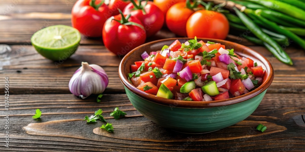 Colorful bowl of pico de gallo salsa with ingredients like diced tomatoes onions and jalape?os on a wooden table background, guacamole, jalapenos Colorful bowl of pico de gallo salsa with ingredients like diced tomatoes onions and jalape?os on a wooden table background, guacamole, jalapenos