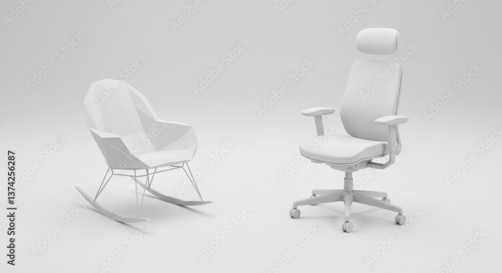 White Rocking Chair And Modern Office Chair On White Background White Rocking Chair And Modern Office Chair On White Background