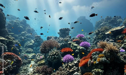 A coral reef with many different colored fish and corals