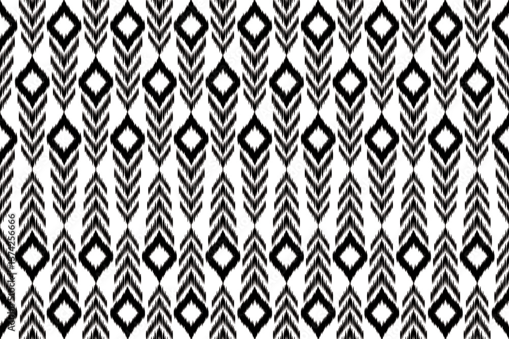Seamless Ikat pattern inspired handwoven textiles. design features soft, blurred edges bold geometric shapes, reflecting heritage Southeast Asian fashion, home decor, wallpaper, packging Seamless Ikat pattern inspired handwoven textiles. design features soft, blurred edges bold geometric shapes, reflecting heritage Southeast Asian fashion, home decor, wallpaper, packging