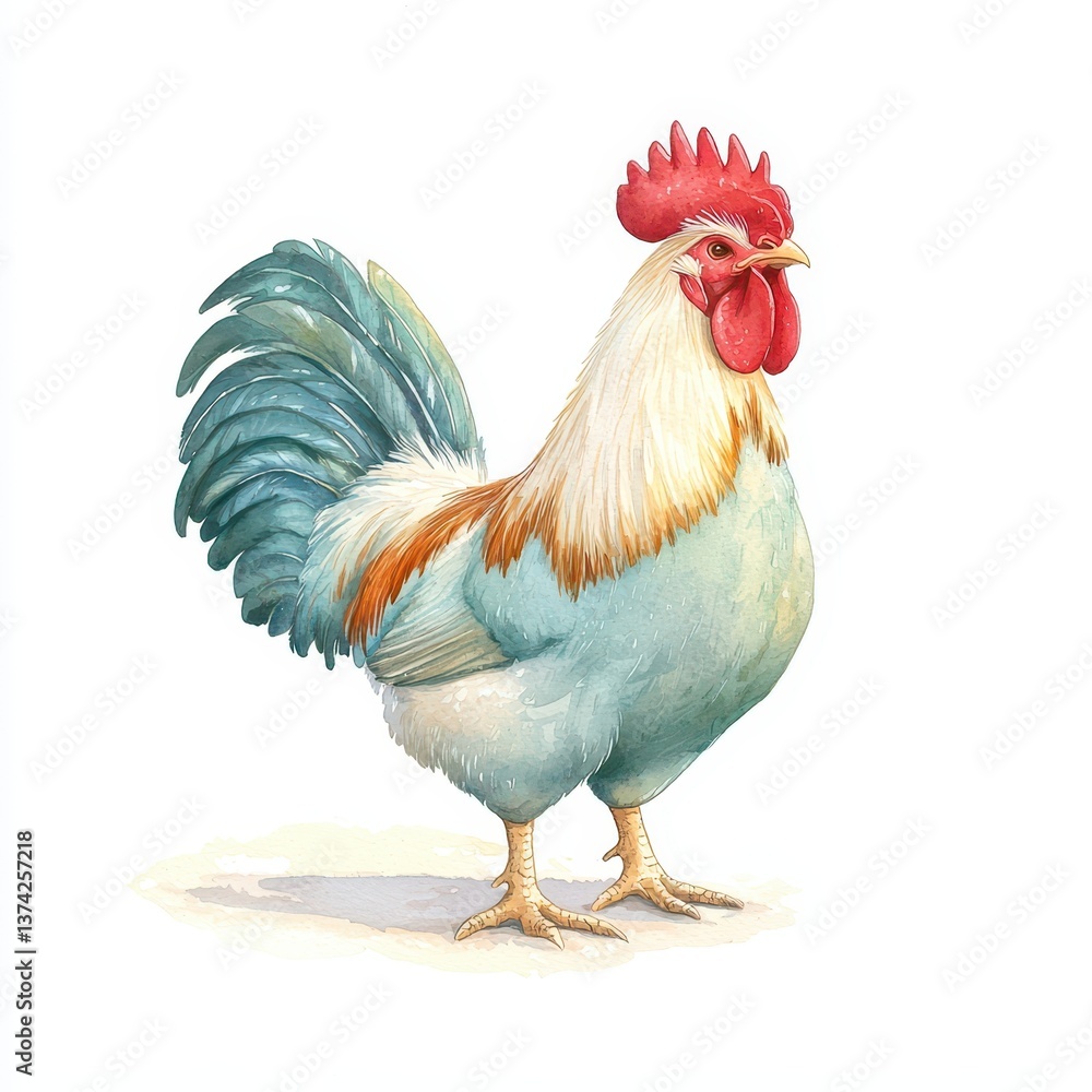 Fototapeta premium Vibrant rooster displaying plumage in farmyard setting animal illustration rural environment artistic perspective