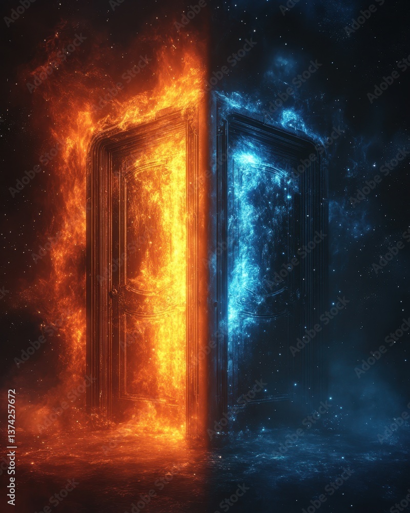 A surreal depiction of a door, split between fire and water, symbolizing choice.