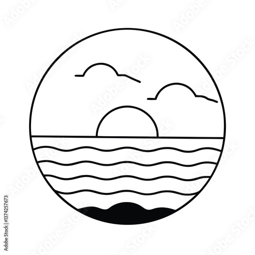 Minimalist Ocean Sunset Line Art Circle Beach Design Graphic