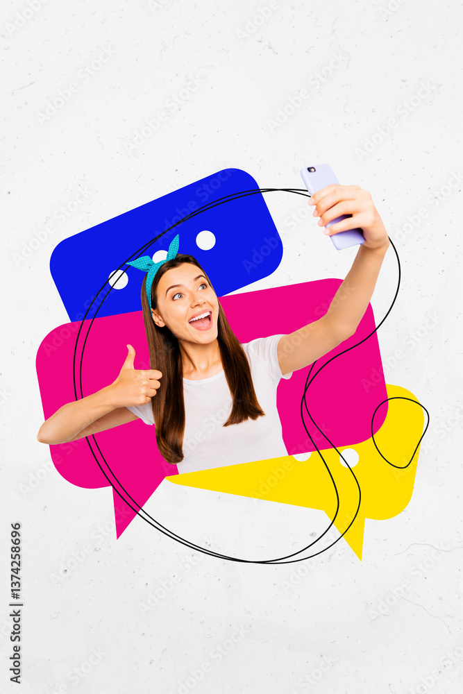 Fototapeta premium Template sketch image composite artwork collage of young woman smile thumb up like hand hold smartphone selfie textbox bubble chatting
