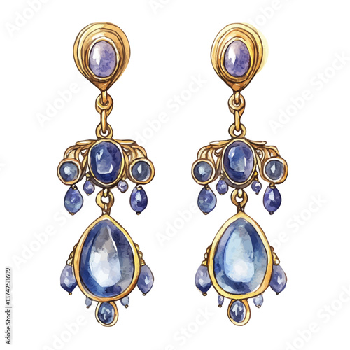A watercolor of antique earrings, isolated on a white background. Antique Earrings vector.

