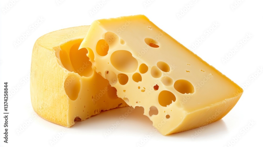 Close-up of Swiss Cheese Block and Wedge on White Background