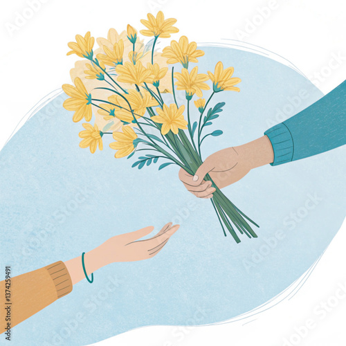 A heartfelt moment of kindness captured in a minimalist scene for bring flowers to someone day