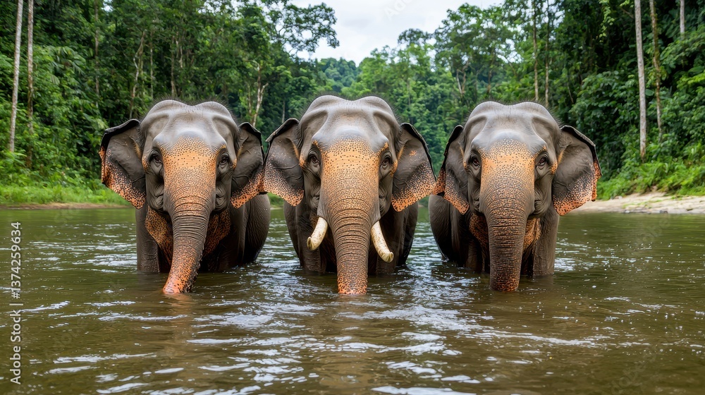 Fototapeta premium Three Elephants Standing in Calm Water Amidst Lush Greenery