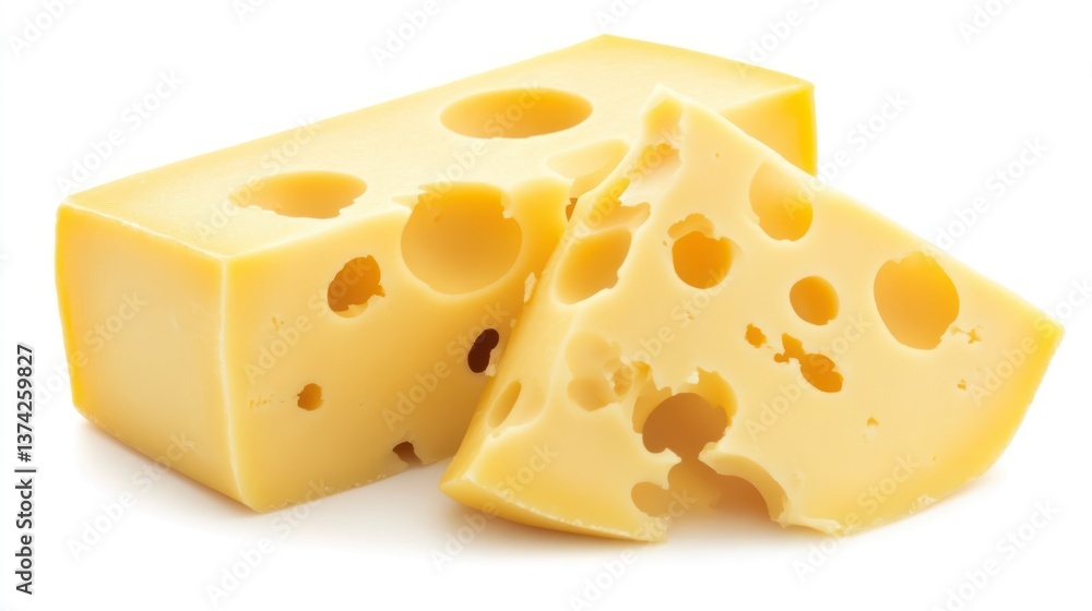 Cheese Block and Wedge with Holes on White Background Closeup Cheese Block and Wedge with Holes on White Background Closeup