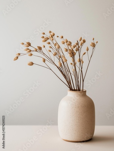 White ceramic vase with a bunch of dried flowers in it. the vase is round and has a speckled texture. the flowers are small and delicate, with thin stems that are arranged in a bunch.