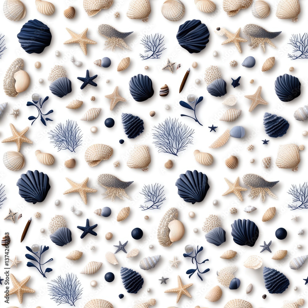 Vibrant blue and white pattern showcases seashells, starfish, and coral, perfect for enhancing marine-themed projects or decor. SEAMLESS PATTERN Vibrant blue and white pattern showcases seashells, starfish, and coral, perfect for enhancing marine-themed projects or decor. SEAMLESS PATTERN