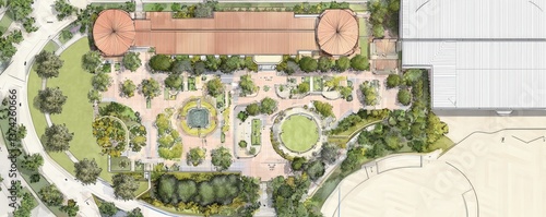 Aerial view of a landscaped area featuring circular gardens, pathways, and a central fountain, surrounded by greenery and buildings.