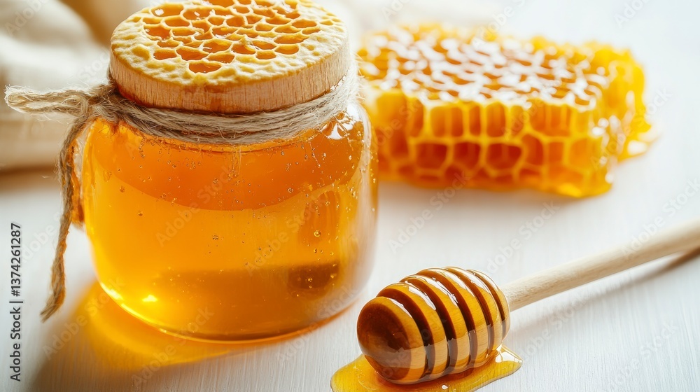 Golden Honey Jar with Honeycomb and Wooden Dipper Still Life Golden Honey Jar with Honeycomb and Wooden Dipper Still Life