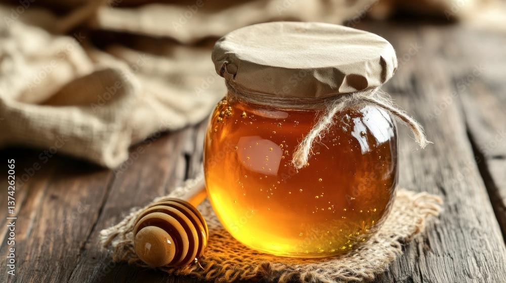 Golden Honey in Glass Jar with Dipper on Rustic Wooden Table Golden Honey in Glass Jar with Dipper on Rustic Wooden Table