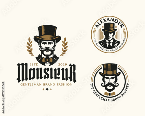 Vintage classic elite monsieur gentleman mustache logo template