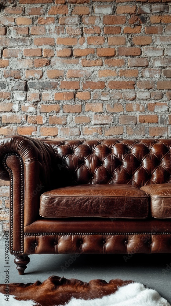 Classic leather sofa with tufted design in a stylish interior featuring exposed brick wall and cozy decor Classic leather sofa with tufted design in a stylish interior featuring exposed brick wall and cozy decor