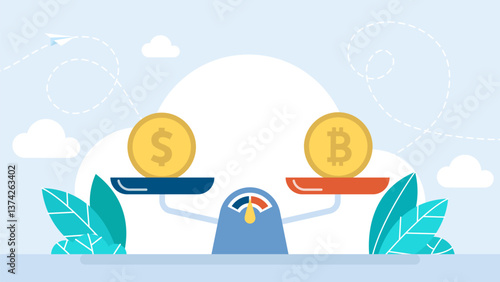 Balance Dollar VS Bitcoin. Bitcoin and dollar on a scales. Crypto value measurement. Money on weight scale. Price and worth concept. Crypto currency value growth. Vector illustration