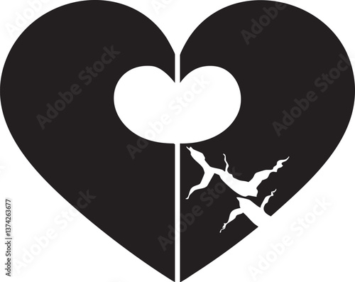Broken heart vector illustration symbolizing love and heartbreak for design projects.