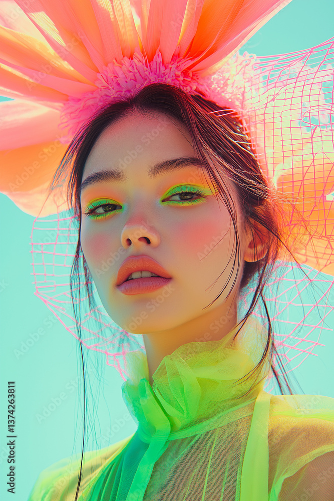 Fototapeta premium A close-up portrait of an Asian model wearing a giant pink floral headpiece and neon green makeup under bright daylight. High fashion editorial with bold y2k aesthetics.