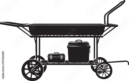 Silhouette of a wheelbarrow with toolbox and lunchbox for construction or gardening use.