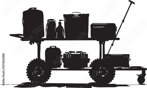 Silhouette of a utility wagon loaded with camping gear for outdoor adventures.