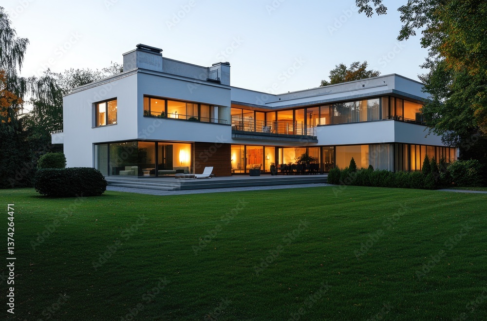 Modern house with a large lawn in Poland, white walls and a gray roof, a two-story house with a terrace on the first floor Modern house with a large lawn in Poland, white walls and a gray roof, a two-story house with a terrace on the first floor