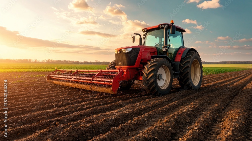 Fototapeta premium Farmer operating tractor on lush farm fields at sunset realistic image of modern agriculture practices