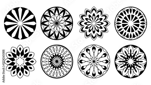 set of 8 intrincate black mandalas, isolated on white, vector file