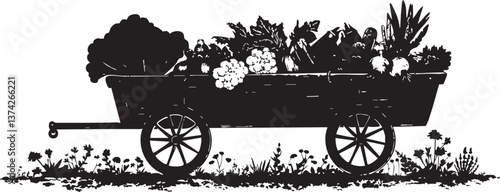 Silhouette of a wheelbarrow filled with vegetables and fruits for gardening themes.