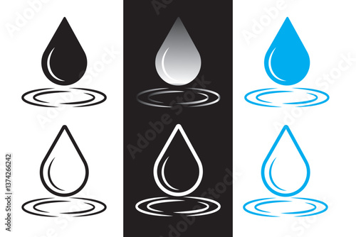 Drop water icon set in different type . Various shapes of water drops, water and rain simple icon. Blood or oil drop. Vector illustration.