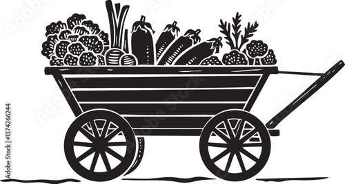 Black and white silhouette of a vegetable cart for market or farm design.