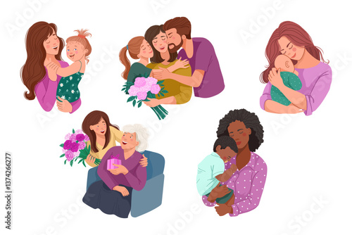 Mothers Day Vector illustration with family members sharing affectionate moments, including hugging, holding flowers, and bonding with children. 