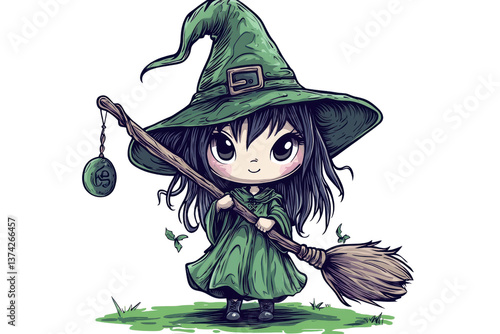 Adorable Little Witch Character Illustration Holding a Broom Magical Fantasy Artwork Green Costume