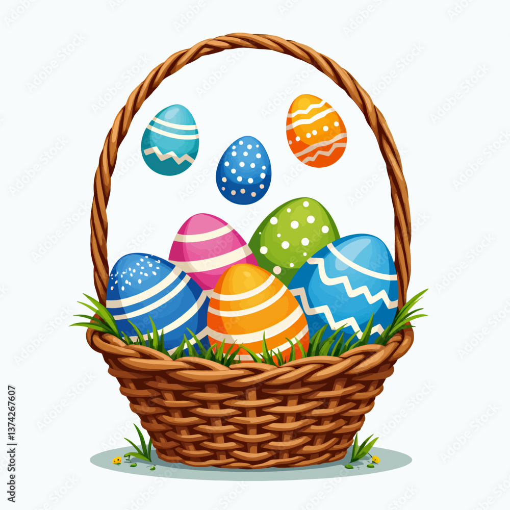 Colorful Easter eggs in a woven basket with grass