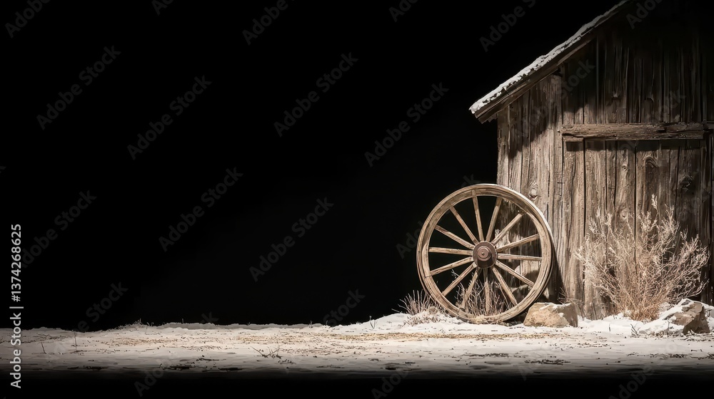 Obraz premium Winter scene rustic barn and wagon wheel in snowy landscape serene environment captivating viewpoint