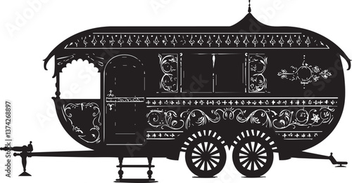 Ornate gypsy caravan silhouette illustration for vintage and bohemian design themes.