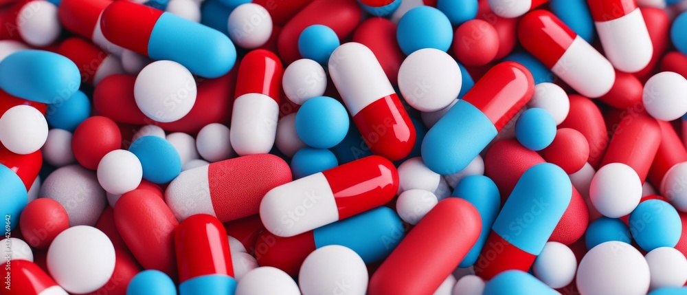 Tri colored capsule composition in blue red and white tones forming neat rows on neutral surface symbolizing structured pharmaceutical clarity supplement health diversity and therapy visual Tri colored capsule composition in blue red and white tones forming neat rows on neutral surface symbolizing structured pharmaceutical clarity supplement health diversity and therapy visual