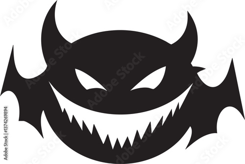 Silhouette of a devilish face with horns and sharp smile for spooky designs.