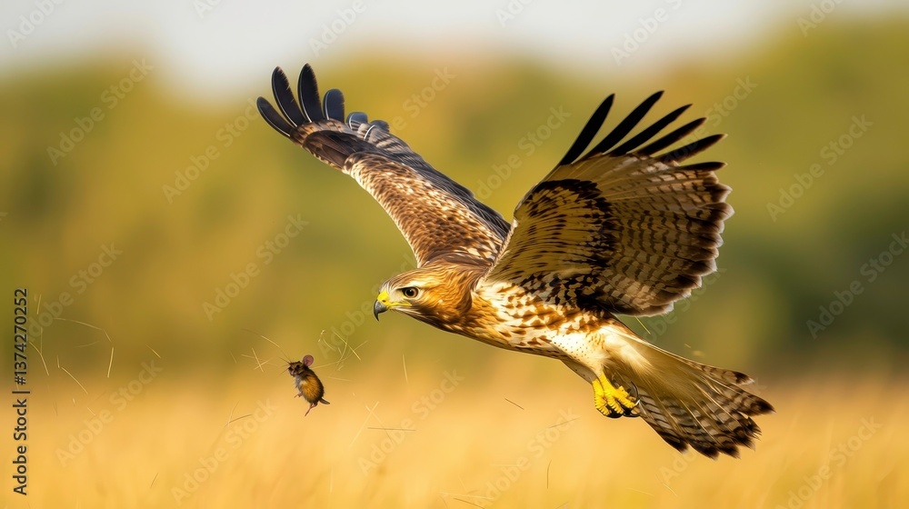 Fototapeta premium Hawk Hunting Mouse in Nature, Wild Bird