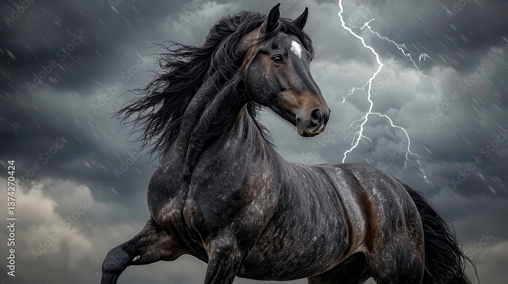 Obraz premium Horse Power: Storm Lightning Portrait nature horses