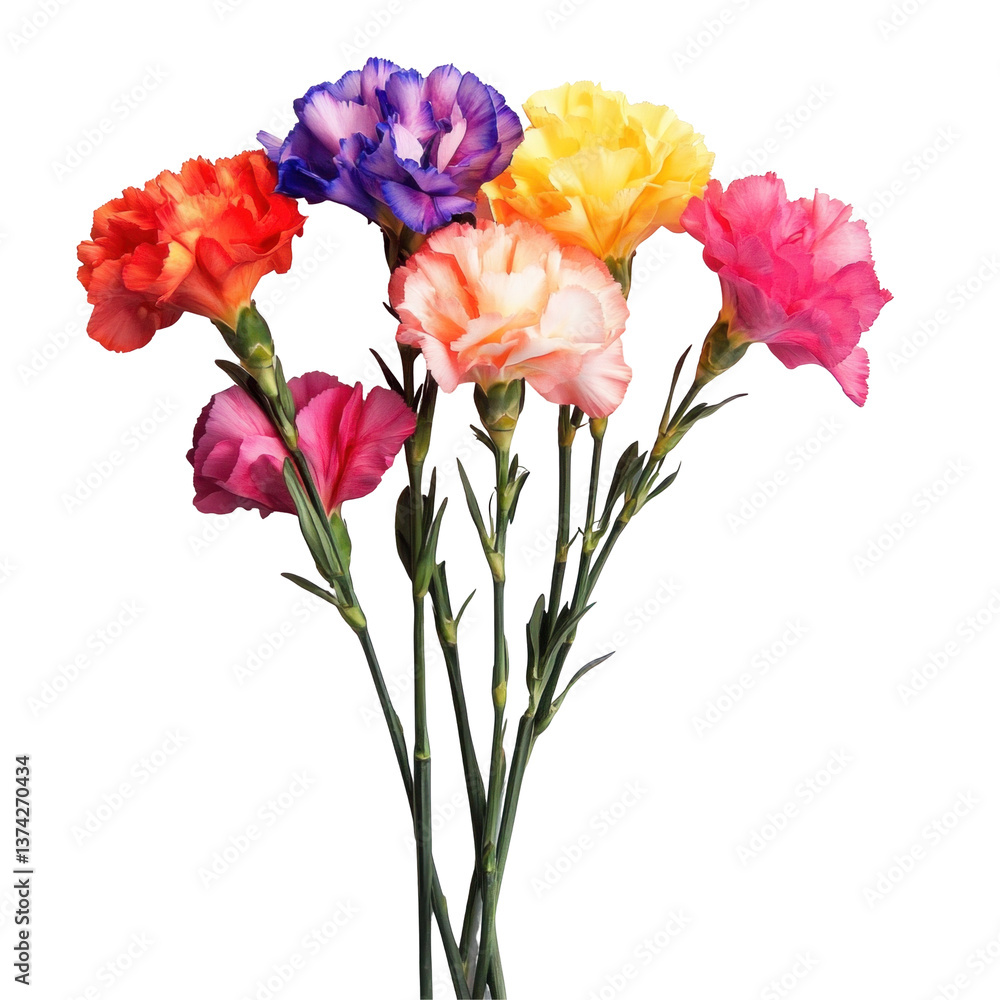 A bunch of vibrant multicolored carnations isolated on transparent background A bunch of vibrant multicolored carnations isolated on transparent background