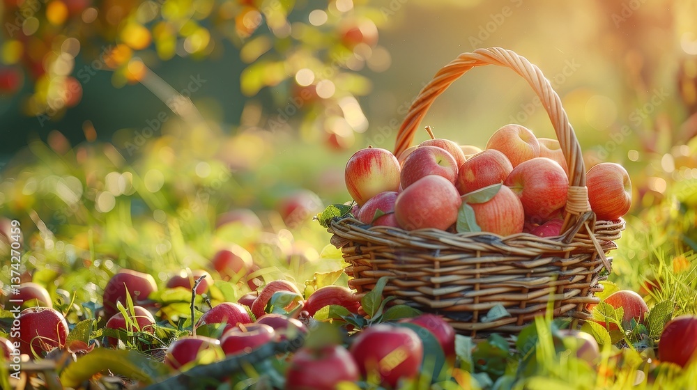 Obraz premium Harvest Time A Bountiful Collection of Fresh Red Apples Nestled in a Rustic Basket Surrounded by Colorful Autumn Leaves