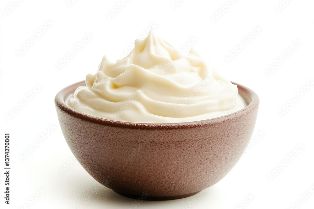 A bowl of whipped cream sits on a white background. , isolated on white background A bowl of whipped cream sits on a white background. , isolated on white background