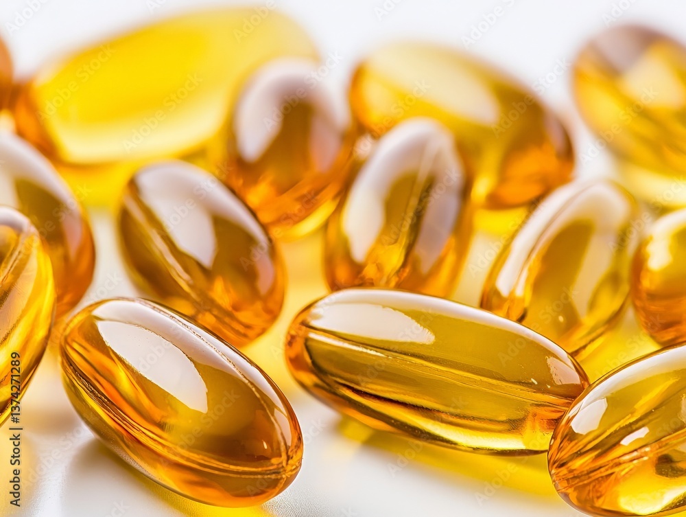 Glossy transparent omega oil capsules scattered on light background symbolizing pharmaceutical clarity supplement health and translucent healthcare dosage approach Glossy transparent omega oil capsules scattered on light background symbolizing pharmaceutical clarity supplement health and translucent healthcare dosage approach