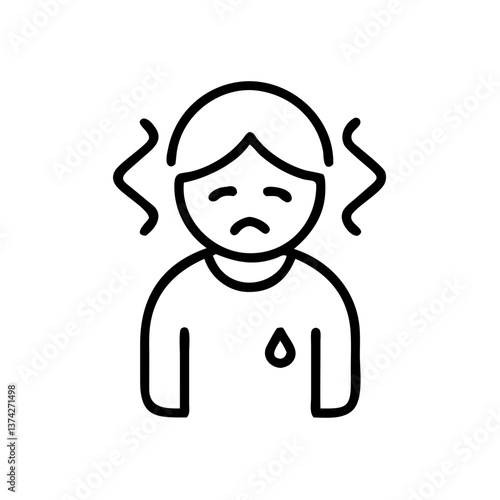 Sad person feeling unwell with sweat droplets in simple line art  
