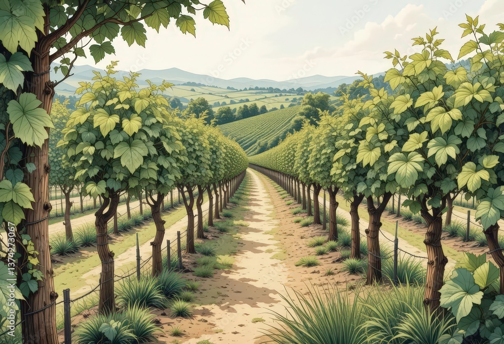 Obraz premium Scientific Illustration Style Vineyard with Accurate Plant Depiction