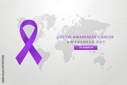 Colitis awareness with month, Light grey background design with Purple silk ribbon.